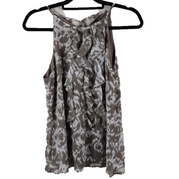 Ann Taylor Factory Tops - Ann Taylor Taupe Ruffle Geometric Pattern Sleeveless Keyhole Tie Back Summer Top